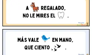 Refranes para niños de primaria: "A caballo regalado, no le mires el diente" y "Más vale pájaro en mano que ciento volando".