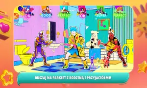 Kolorowi tancerze w kreskówkowym stylu tańczą w łazience, z ocenami "OK", "GOOD", "PERFECT", "SUPER".
