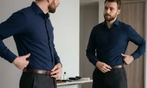 Mann steckt sein blaues Hemd richtig in die Hose, um einen gepflegten Look zu erzielen.