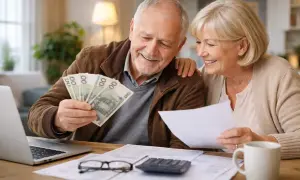 Uśmiechnięci seniorzy przeglądają dokumenty i pieniądze, ciesząc się z otrzymanego pfron dofinansowania.