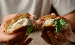 En person håller en delad focaccia med krämig ost, skinka och färsk basilika. En härlig focaccia pesto-macka!