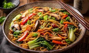 Pyszny makaron tajski z warzywami: grzybami shiitake, papryką, marchewką i pak choi, posypany szczypiorkiem i sezamem.