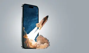 Rakieta startuje z ekranu telefonu, symbolizując nagłe zerwanie połączenia. Brak internetu podczas rozmowy.