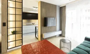 Nowoczesny mały salon inspiracje: drewniana ściana z TV, regał, kuchnia w tle, czerwony stolik i zielona sofa.