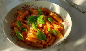 Penne arrabiata z bazylią i parmezanem, podane w ozdobnej misce.