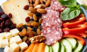 Une délicieuse planche apéro fromage avec salami, fruits secs, noix, poivrons rouges, concombres et carottes. Parfait pour un moment convivial.