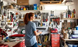 Une femme organise son garage avec une astuce rangement outils garage : tout est accroché sur des panneaux perforés.