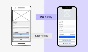 Comparaison de maquettes : une low-fidelity (esquisse) et une mid-fidelity (plus détaillée) pour un écran de connexion. Les aria attributes sont essentiels pour l'accessibilité.