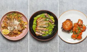 Festival food shopping list inspiration: crispy chicken with green sauce, a burger with smashed potatoes, and a pasta dish with lemon.