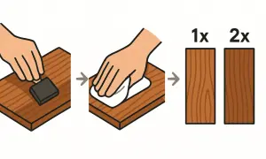 Proceso para tratar madera sin barnizar: lijar y luego aplicar un paño para un acabado más suave.