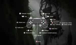 Uncharted 4 poradnik: schemat pada PlayStation z opisem funkcji, np. celowanie, strzał, skok, kamera.