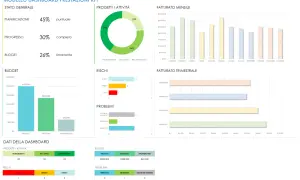 Dashboard con stato generale, progetti/attività, budget, rischi e problemi. Una relazione di un progetto mostra il progresso.