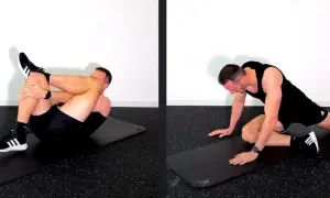 Man utför övningar för piriformis syndrom svenska. En övning liggande på rygg, en annan i sittande position.