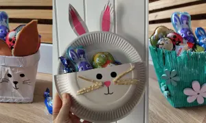 Drei süße Ideen zum Osternest basteln mit Kindern: ein Hasenbecher, ein Teller-Osterhase und ein grüner Osterkorb, gefüllt mit Schokohasen.