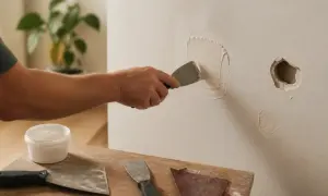Main tenant utilise un enduit de rebouchage pour réparer un trou dans le mur. Des outils de bricolage sont visibles sur la table.