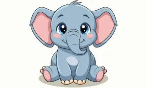 Elefante bebé azul, con grandes orejas rosadas y ojos brillantes. Ideal para copias para niños de 7 a 8 años.
