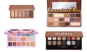 Palety cieni do powiek: Urban Decay Naked 3 Mini, Too Faced Chocolate Bar, Huda Beauty i Anastasia Beverly Hills Sultry. Idealne dla typu urody zima.