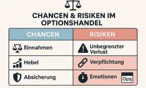 Chancen & Risiken im Optionshandel: Einnahmen, Hebel, Absicherung vs. unbegrenzter Verlust, Verpflichtung, Emotionen.