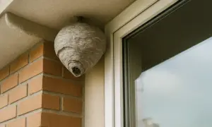 Okrągłe, szare gniazdo os wisi pod okapem budynku, tuż obok ceglanej ściany i białej ramy okiennej.
