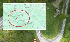 Mapa z zaznaczonym obszarem w okolicach Kłodzka i Kudowy-Zdroju, gdzie znajduje się droga stu zakrętów.