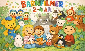 En glad samling figurer, inklusive Bamse och Totoro, omgivna av blommor och löv. Perfekt för bra barnfilmer 2-4 år.