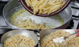 Makaron penne z sosem na bazie masła i śmietanki, do którego dodawana jest łyżka ricotty.