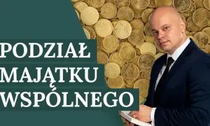 Mężczyzna w garniturze analizuje wielkość nabywanego udziału w majątku wspólnym, na tle stosu monet euro.