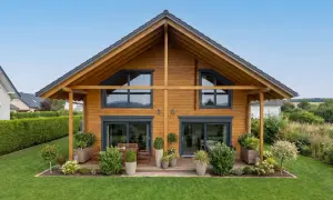 Ein schönes Holzhaus mit Terrasse und Garten. Informieren Sie sich über Holzhaus Kosten für Ihr Traumhaus.