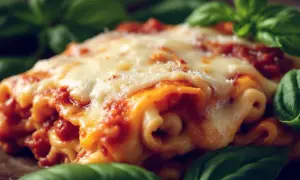 Lasagnes gratinées au fromage fondant, prêtes à rechauffer au four. Un délice italien entouré de feuilles de basilic frais.