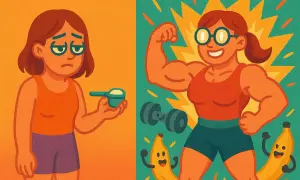 Prima triste con misurino, poi forte e sorridente con banana e pesi. La creatina fa ingrassare donne? No, costruisce muscoli!