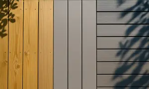 Olika material för trall altan: trä, grå slät och grå räfflad. Skuggor från löv faller över ytorna.