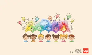 Ilustración de niños con diversas emociones, representadas por nubes de colores y bombillas encendidas.