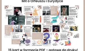Plakat z grafikami i tekstem o micie Orfeusza i Eurydyce, przedstawiający sceny z mitu i elementy popkultury.