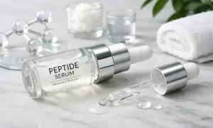 Peptydy na twarz w luksusowym serum. Szklana buteleczka z pipetką, krople na marmurowym blacie, ręcznik i zielone liście w tle.