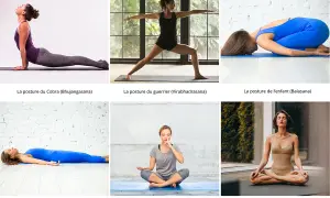 Six postures de yoga, dont le Cobra et le guerrier, parfaites pour un yoga hivernal apaisant.