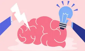 Een bliksemflits en een gloeilamp worden bij een roze brein gehouden, wat ideeën en creativiteit symboliseert, perfect voor hoogbegaafd.