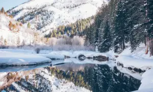 Zimowy krajobraz górski z rzeką odbijającą ośnieżone zbocza i lasy. Idealne miejsce, gdzie w góry zimą.