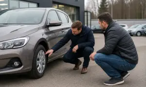 Två män inspekterar en bil. En av dem pekar på däcket, kanske för att diskutera ett serviceprotokoll för bilen.