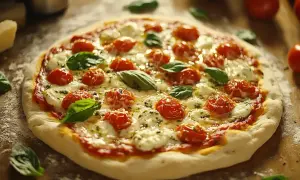 Domowa pizza margherita z pomidorkami koktajlowymi, mozzarellą i bazylią.