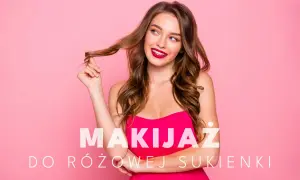 Uśmiechnięta kobieta w różowej sukience, z burzą brązowych włosów i wyrazistym makijażem. Idealny makijaż do różowej sukienki.