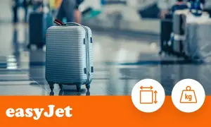 Szary walizka na kółkach, idealna jako easyJet bagaż podręczny. Obok ikony wymiarów i wagi.