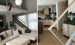 kleines wohnzimmer vorher-nachher: gemütliche Couch, Treppe, Aquarium und Küche.
