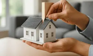 Mani che dividono una casa modello, simboleggiando il frazionamento unità immobiliare.