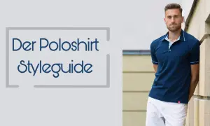Ein Mann in einem dunkelblauen Poloshirt aus Frottee lehnt an einer Wand. Der Text "Der Poloshirt Styleguide" ist links zu sehen.