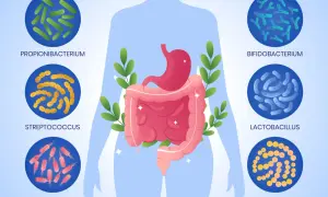 Illustrazione del corpo umano con dettagli su stomaco e intestino, circondato da diverse specie batteriche che compongono il microbiota intestinale.