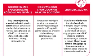 Obraz przedstawia trzy przyczyny niedowidzenia: różnowzroczność, brak bodźców i zez. Leniwe oko może być wynikiem tych schorzeń.
