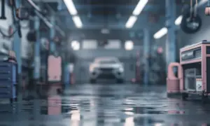 Wnętrze warsztatu samochodowego, gdzie czeka auto. Widać narzędzia i sprzęt, gotowe do pracy w mobilnym warsztacie samochodowym PKD.