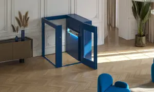 Piattaforma elevatrice senza cabina, blu, con pannello di controllo illuminato, in un elegante soggiorno con parquet.