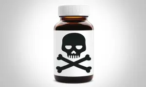 Brun medicinflaska med dödskallesymbol. Kan orsaka hallucinationer av medicin.
