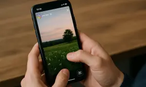 Widac jak ktos zrobi screenshot wyroznionej relacji na Instagramie. Na ekranie telefonu widok na zielone pole z kwiatami i drzewem w oddali.